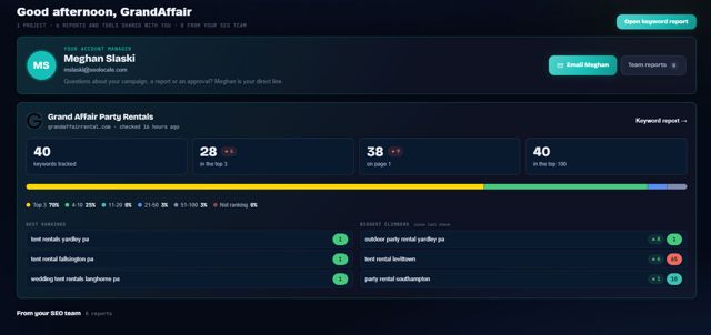 Client portal dashboard with account manager, keyword tiles and biggest climbers